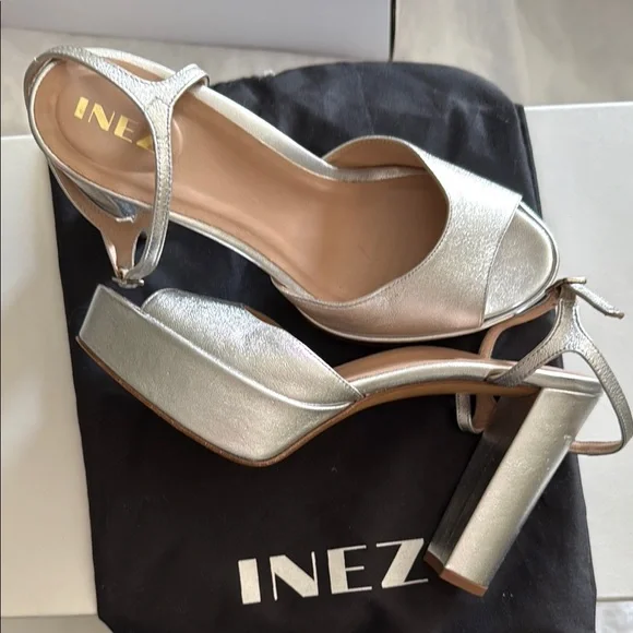 Silver Block Heel Sandals with Ankle Strap - Picture 1 of 1